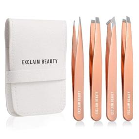 img 4 attached to 💫 EXCLAIM BEAUTY Rose Gold Tweezers Set - Precision Eyebrow & Ingrown Hair Removal Kit for Women & Men - Pack of 4 Stainless Steel Tweezers in Leather Case