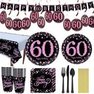 🎉 trgowaul 60th birthday party supplies - pink and black paper plates, napkins, cups, tablecover forks, knives, and spoons - disposable, ideal for 16 guests and party logo