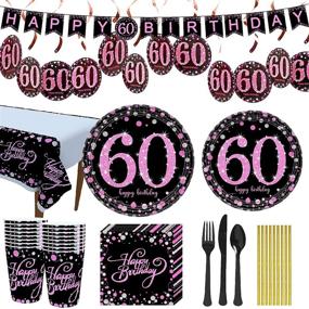 img 4 attached to 🎉 Trgowaul 60th Birthday Party Supplies - Pink and Black Paper Plates, Napkins, Cups, Tablecover Forks, Knives, and Spoons - Disposable, Ideal for 16 Guests and Party
