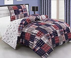 img 2 attached to 🏀 Kids Baseball Sports Theme Comforter Set for Twin Size Beds - Navy Blue, Red, White and Beige Plaid with Plush Ball Included. Ideal for Boys, Girls, Guest Rooms, School Dormitories