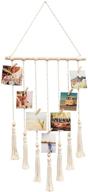 hanging photo display with wood bead: boho 📸 macrame wall organizer with 28 wood clips - ivory логотип