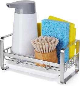 img 4 attached to HULISEN Stainless Steel Kitchen Sink Sponge Holder with Removable Drain Tray - Countertop Soap Dispenser Caddy Organizer, Soap Dish Rack Drainer (Dispenser and Brush Not Included)