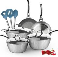 🍳 lovoin nonstick cookware set: 11-piece hammered kitchenware for induction cooking, even heating pans, grey - oven/stovetop safe! logo
