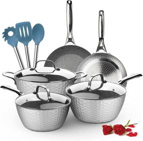 img 4 attached to 🍳 LovoIn Nonstick Cookware Set: 11-Piece Hammered Kitchenware for Induction Cooking, Even Heating Pans, Grey - Oven/Stovetop Safe!