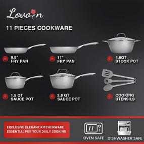 img 3 attached to 🍳 LovoIn Nonstick Cookware Set: 11-Piece Hammered Kitchenware for Induction Cooking, Even Heating Pans, Grey - Oven/Stovetop Safe!
