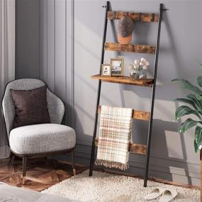 img 2 attached to 📚 Rolanstar Ladder Shelf: Versatile Wall-Leaning Blanket Rack with Adjustable Shelf and 4 Hanging Hooks - Farmhouse 5-Tier Leaning Shelf for Bathroom, Living Room in Rustic Brown