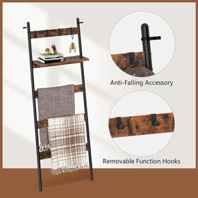 img 1 attached to 📚 Rolanstar Ladder Shelf: Versatile Wall-Leaning Blanket Rack with Adjustable Shelf and 4 Hanging Hooks - Farmhouse 5-Tier Leaning Shelf for Bathroom, Living Room in Rustic Brown