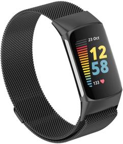 img 4 attached to 🔗 Ремешки Fitbit Charge 5 Магнитные мешковые петли - металлические нержавеющей стали браслеты для замены для женщин и мужчин - черный (большой)