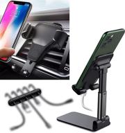 universal car phone holder mount - foldable cell phone stand with adjustable angle & height, air vent cradle, cable clips - cord organizer 3-in-1 kit for most mobile phones, tablets, and ipads logo