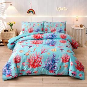 img 4 attached to 🌊 Ocean Coastal Beach Comforter Set Queen Size - Holawakaka Watercolor Sea Coral Bedding with Starfish, Conch, Seashell, Coralline, Hippocampus, and Jellyfish Decor - Super Soft and Cozy Bedspread in Blue