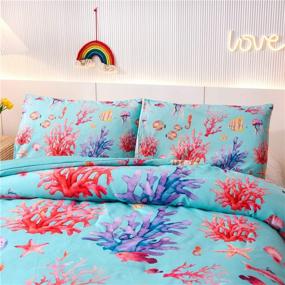 img 2 attached to 🌊 Ocean Coastal Beach Comforter Set Queen Size - Holawakaka Watercolor Sea Coral Bedding with Starfish, Conch, Seashell, Coralline, Hippocampus, and Jellyfish Decor - Super Soft and Cozy Bedspread in Blue