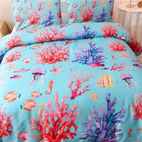 img 3 attached to 🌊 Ocean Coastal Beach Comforter Set Queen Size - Holawakaka Watercolor Sea Coral Bedding with Starfish, Conch, Seashell, Coralline, Hippocampus, and Jellyfish Decor - Super Soft and Cozy Bedspread in Blue