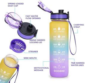 img 3 attached to SOOSISI 32oz Motivational Water Bottle for Fitness & Outdoor Sports - Reusable Time Marks Gradient Color Water Jug with BPA Free Pop Up Lid, Wrist Strap & Filter - Purple/Yellow Gradient