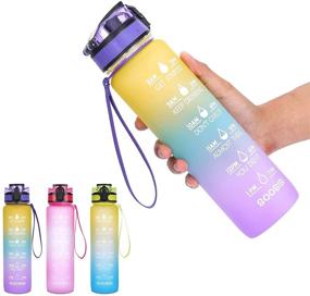 img 4 attached to SOOSISI 32oz Motivational Water Bottle for Fitness & Outdoor Sports - Reusable Time Marks Gradient Color Water Jug with BPA Free Pop Up Lid, Wrist Strap & Filter - Purple/Yellow Gradient