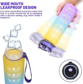 img 1 attached to SOOSISI 32oz Motivational Water Bottle for Fitness & Outdoor Sports - Reusable Time Marks Gradient Color Water Jug with BPA Free Pop Up Lid, Wrist Strap & Filter - Purple/Yellow Gradient