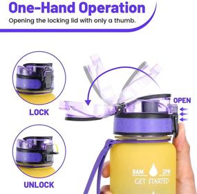 img 2 attached to SOOSISI 32oz Motivational Water Bottle for Fitness & Outdoor Sports - Reusable Time Marks Gradient Color Water Jug with BPA Free Pop Up Lid, Wrist Strap & Filter - Purple/Yellow Gradient