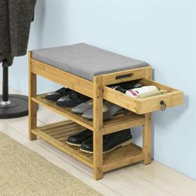 img 2 attached to 👠 Haotian FSR49-N, Bamboo Shoe Rack Shoe Bench with Lift-Up Top and Seat Cushion, Hallway Shoe Storage Bench Organizer with Drawer