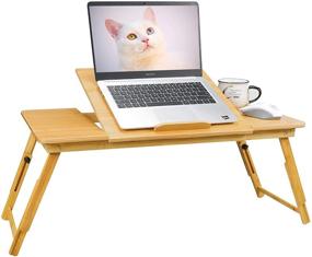img 4 attached to 📚 Adjustable Laptop Desk for Bed and Sofa with Folding Legs - Breakfast Serving Tray, Multi-Function Table with Storage Drawers, and Multi-Position Tilt Surface for 13-14 Inch Notebooks