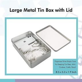 img 1 attached to 📦 Portable Storage Tin Box with Lid - Set of 2 Large Rectangular Containers - Silver Empty Case for Organizing Car Keys, Mints, Cookies, Crafts, and Pencils - 8.5 x 5.3 x 1.9 Inch