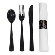 100 rolls of party essentials n501732-4 pre-rolled disposable extra heavy duty plastic cutlery kit with black fork/knife/spoon and 3-ply white napkin - ideal for parties logo