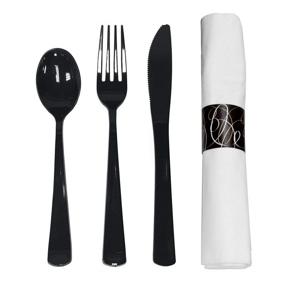 img 4 attached to 100 Rolls of Party Essentials N501732-4 Pre-Rolled Disposable Extra Heavy Duty Plastic Cutlery Kit with Black Fork/Knife/Spoon and 3-Ply White Napkin - Ideal for Parties