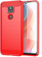 📱 red brushed tpu moto g play 2021 case with hd screen protector - shock-absorption, flexible bumper, soft rubber protective cover logo