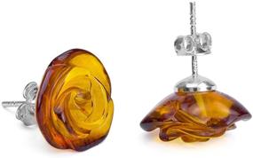 img 3 attached to Sterling Silver Carved 🌹 Rose Stud Earrings with Amber Accents.