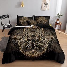 img 4 attached to Luxury King Size Gold Hamsa Hand Duvet Cover Set - Black Gold Bedding Collection with Hand of Fatima Print - Boho Hippie Style 1 Duvet Cover and 2 Pillowcases (King, Hamsa Hand Design)