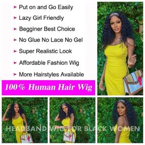 img 3 attached to 🌊 Water Wave Headband Wig for Black Women - Human Hair Glueless None Lace Front Wigs, Brazilian Virgin Hair, Machine Made, 150% Density - 10 Inch