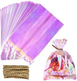 img 4 attached to 🎃 200 Pieces Iridescent Holographic Cellophane Treat Bags with Twist Ties Set - Includes 100 Bags (5" x 7") and 100 Twist Ties for Halloween Party Candy Gift Packaging