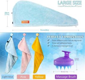 img 3 attached to 👩 Large Microfiber Hair Towel for Women - Quick Drying Turbans with Button Design for Wet Curly Hair, Anti-Frizz & Absorbent - 11x28 inch Size - Ideal for Long Hair (Blue Pink Yellow)