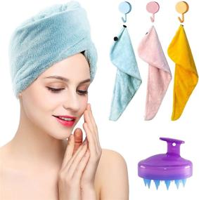 img 4 attached to 👩 Large Microfiber Hair Towel for Women - Quick Drying Turbans with Button Design for Wet Curly Hair, Anti-Frizz & Absorbent - 11x28 inch Size - Ideal for Long Hair (Blue Pink Yellow)