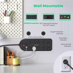 img 1 attached to JACKYLED Power Strip Surge Protector: Wall Mountable with 10 AC 4 USB Ports, 6 Ft Extension Cord, 45° Flat Plug, Black