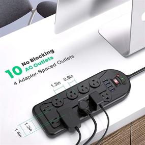 img 3 attached to JACKYLED Power Strip Surge Protector: Wall Mountable with 10 AC 4 USB Ports, 6 Ft Extension Cord, 45° Flat Plug, Black