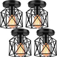 🏭 set of 4 industrial vintage ceiling light fixtures, metal e26 rustic cage lights, semi flush mount ceiling lights for hallway farmhouse porch stairway, black логотип