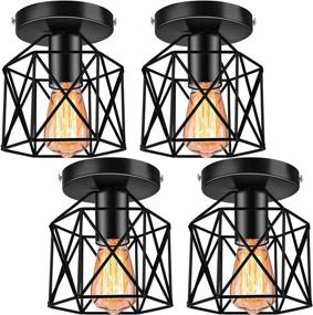 img 2 attached to 🏭 Set of 4 Industrial Vintage Ceiling Light Fixtures, Metal E26 Rustic Cage Lights, Semi Flush Mount Ceiling Lights for Hallway Farmhouse Porch Stairway, Black