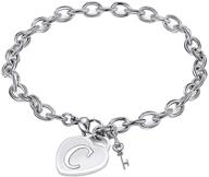 ❤️ heart initial charm bracelet for women - stainless steel heart engraved alphabet bangle with cute key - birthday & christmas jewelry gift for women, teens, and girls logo