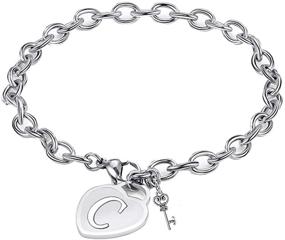 img 4 attached to ❤️ Heart Initial Charm Bracelet for Women - Stainless Steel Heart Engraved Alphabet Bangle with Cute Key - Birthday & Christmas Jewelry Gift for Women, Teens, and Girls