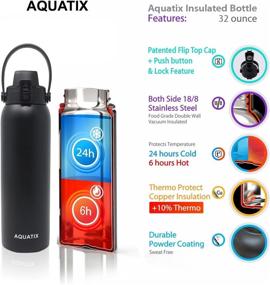 img 3 attached to 🥤 New Aquatix (Black, 32 oz) Stainless Steel Double Wall Vacuum Insulated Sports Water Bottle - Flip Top Cap, Removable Strap Handle - Keeps Drinks Cold for 24 Hours, Hot for 6 Hours