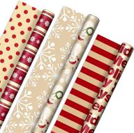 🎁 hallmark reversible christmas wrapping paper - merry holidays theme (3 rolls: total 120 sq. ft.) - snowflakes, snowmen, and red stripes logo
