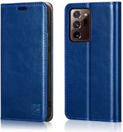 🔵 belemay wallet case for samsung galaxy note 20 ultra 5g: cowhide leather flip folio cover with rfid blocking & card holder - blue logo