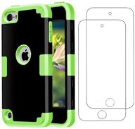 чехол для ipod touch heavy duty с 2 стеклянными защитными пленками для экрана - черно-зеленый гибридный бампер для ipod touch 2020/2019/7-го/6-го/5-го поколения - ударопоглощающая силиконовая защита логотип