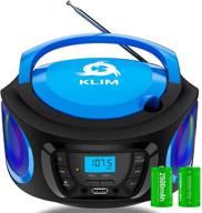 🔵 klim boombox portable audio system with fm radio, cd player, bluetooth, mp3, usb, aux | includes rechargeable batteries | wired & wireless modes | compact, sturdy | new 2021 - blue logo