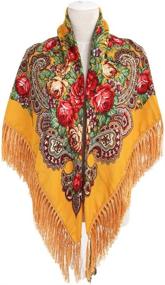 img 4 attached to Vintage Folk-Custom Russian Style Tassel Floral Scarf Wrap - Long Cotton Pashmina Shawl for Neck and Head - Spring Winter Yellow Square Scarf