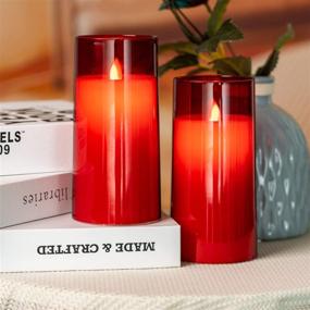 img 2 attached to Set of 5 Red Flickering Flameless Candles, 3” x 6” Size, Unbreakable Glass Battery Operated LED Pillar Radiance Candles with Remote Control, Timer for Seamless Integration