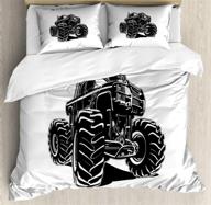 ambesonne truck duvet cover set, monochrome sketch pattern modified off-road monster pickup 🚚 truck, decorative 3-piece bedding set with 2 pillow shams, queen size, black and white logo