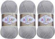 🧶 alize diva silky effect thread crochet art lace craft yarn - 100% microfiber acrylic, lot of 3 skeins (300gr 1150yds), hand knitting yarn in grey (355) logo