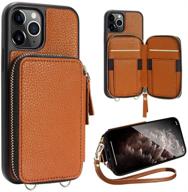 📱 zve iphone 11 pro max zipper wallet case with credit card holder slot, handbag purse style with wrist strap, genuine leather case for apple iphone 11 pro max 6.5 inch - brown logo