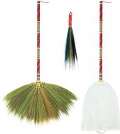 🧹 set of 3 oriental thai whisk brooms with solid wood handle for sweeping, handmade dustpan brush & cotton sweeper cover included - premium asian brooms made with natural grass for decorative cleaning logo