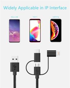 img 1 attached to Wishinkle 3-in-1 Cable - Type C/Micro USB/Lightning, Apple MFi Certified, Nylon Braided - iPhone, iPad, iPod, Samsung Galaxy, Huawei, HTC, LG, Android Smartphones - 3.3ft, Black